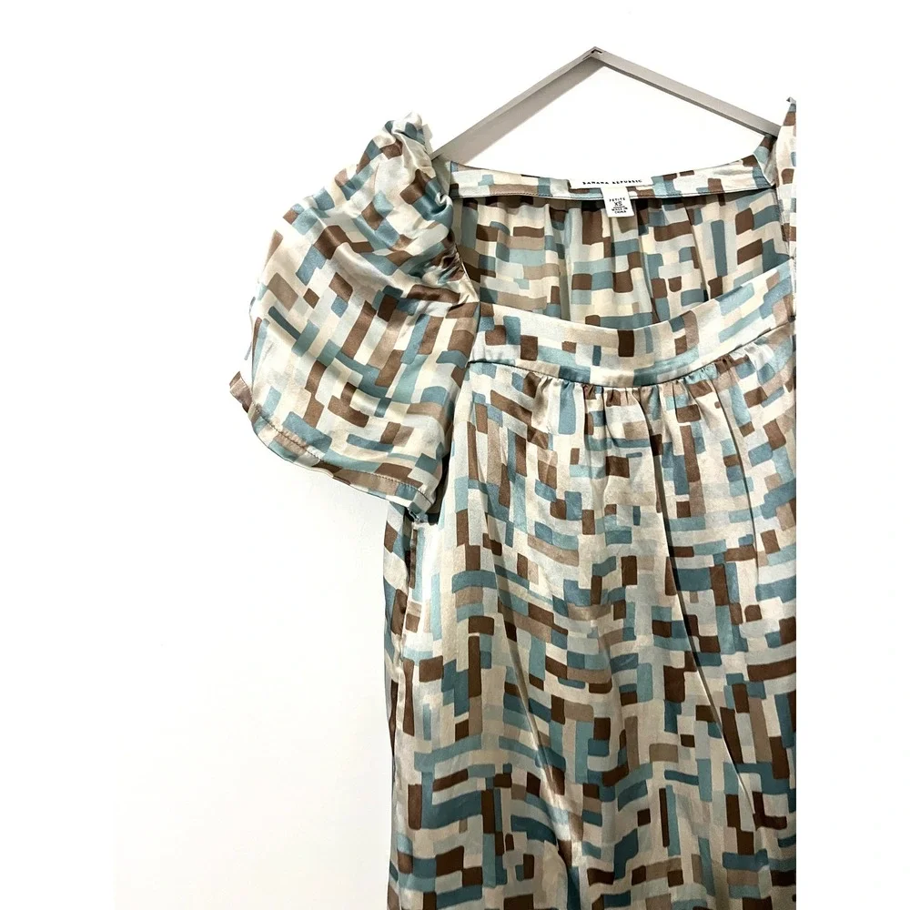 BANANA‎ REPUBLIC Brown Blue Silk Geometric Top Excellent 2010s Career Petite XS